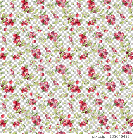 Watercolor beautiful plants with fresh berry seamless pattern isolated white. Lingonberry, cranberry hand drawn on endless background. Botanical repeat with red berry and foliage for textile design. 135640455