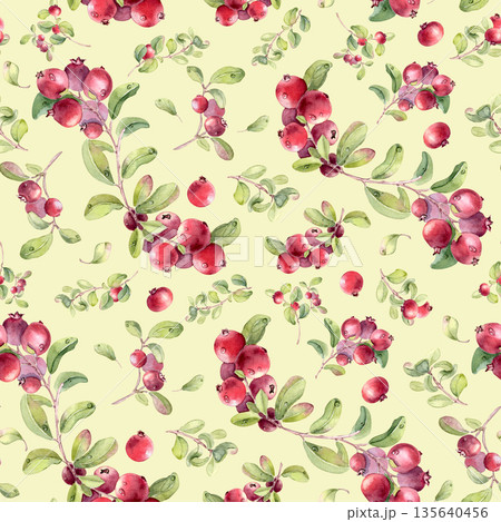Fresh summer seamless pattern with colorful red plants isolated on neutral. Watercolor lingonberry with dew drops hand painted no AI. Berry repeat background for textile, packaging, wrap paper. Fresh summer seamless pattern with colorful red plants isolated on neutral. Watercolor lingonberry with dew drops hand painted no AI. Berry repeat background for textile, packaging, wrap paper. 135640456