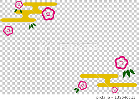 鮮やかなピンク色の花と霞と竹の葉のイラスト 鮮やかなピンク色の花と霞と竹の葉のイラスト 135640513