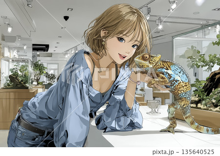 爬虫類カフェでカメレオンと触れ合う女性｜エキゾチックアニマルの癒し体験イラスト 135640525