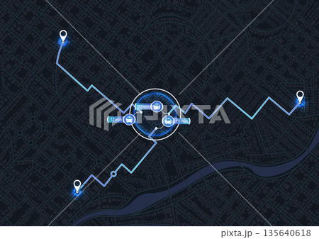 Location tracks dashboard. Navigation for obtaining data on distance, turns of the path. Path from the point to the intended goal, several types of transport to the arrival point. Vector, illustration Location tracks dashboard. Navigation for obtaining data on distance, turns of the path. Path from the point to the intended goal, several types of transport to the arrival point. Vector, illustration 135640618