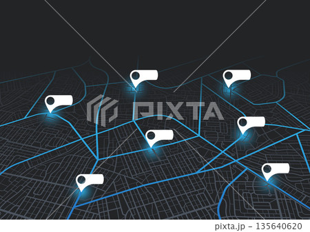 Dark city map perspective with multiple glowing location pins on urban street grid for navigation or delivery network concepts. Vector illustration. Dark city map perspective with multiple glowing location pins on urban street grid for navigation or delivery network concepts. Vector illustration. 135640620