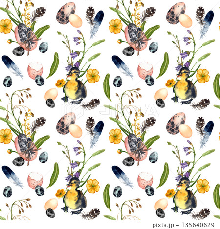 Seamless watercolor pattern for Easter. Spring flowers, ducklings, chickens, eggs, feathers, all hand-painted with watercolor. Hand drawn watercolor illustration for greeting card. 135640629