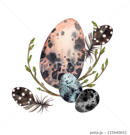 A watercolor illustration of bird eggs, chicken eggs, and quail eggs against a background of spring branches and feathers. All hand-painted in watercolor. For an Easter card or decorative element. 135640632