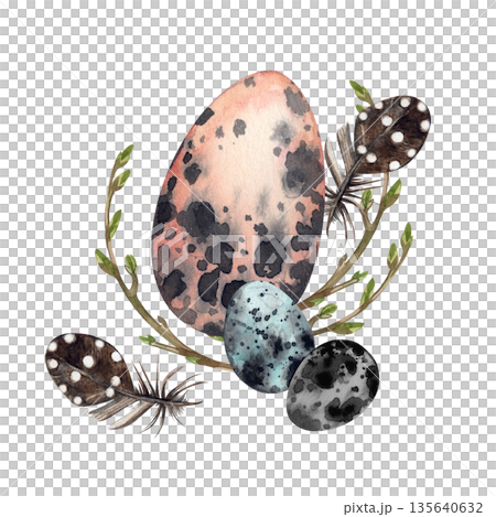 A watercolor illustration of bird eggs, chicken eggs, and quail eggs against a background of spring branches and feathers. All hand-painted in watercolor. For an Easter card or decorative element. 135640632