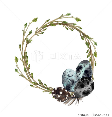 An illustration of a spring wreath made of spring branches with quail eggs and feathers. All hand-painted in watercolor. Easter greeting card design. A watercolor piece perfect for the holiday season. An illustration of a spring wreath made of spring branches with quail eggs and feathers. All hand-painted in watercolor. Easter greeting card design. A watercolor piece perfect for the holiday season. 135640634