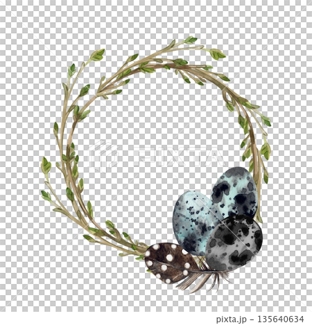 An illustration of a spring wreath made of spring branches with quail eggs and feathers. All hand-painted in watercolor. Easter greeting card design. A watercolor piece perfect for the holiday season. An illustration of a spring wreath made of spring branches with quail eggs and feathers. All hand-painted in watercolor. Easter greeting card design. A watercolor piece perfect for the holiday season. 135640634