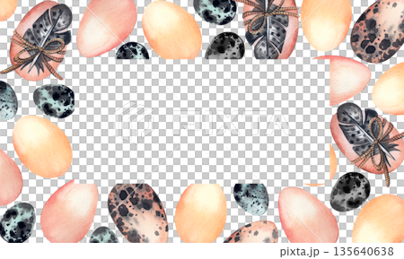 A watercolor frame featuring various Easter eggs, including chicken, quail, and turkey eggs. All hand-painted. A spring-inspired design in a natural style for a greeting card or holiday invitation. A watercolor frame featuring various Easter eggs, including chicken, quail, and turkey eggs. All hand-painted. A spring-inspired design in a natural style for a greeting card or holiday invitation. 135640638