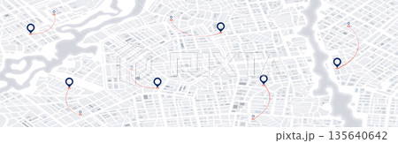 Blue pins and curved routes on city map plan. Urban panorama navigation background. Vector illustration. 135640642