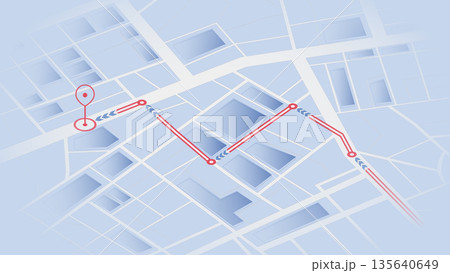 Isometric blue city map with red navigation path and destination marker. Vector illustration. Isometric blue city map with red navigation path and destination marker. Vector illustration. 135640649
