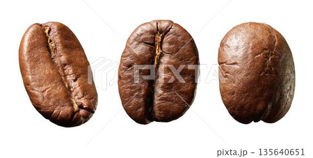 Three Coffee Beans Close Up: Roasted Arabica With Rich Aroma And Texture 135640651