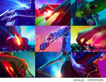 Collage of musician hands playing instruments under colorful stage lights. 135640696