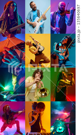 Collage of 9 musicians performing with instruments in studio under colorful lights. 135640697