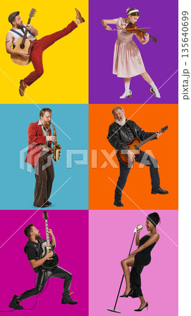 Musicians performing solo with instruments on bright backgrounds composition. 135640699