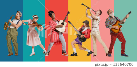 Collage of 5 musicians playing instruments on bright studio backgrounds. Collage of 5 musicians playing instruments on bright studio backgrounds. 135640700