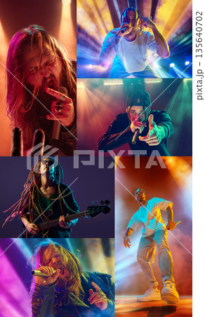 Rap and rock vocalists performing live on stage with microphones. Collage of 3 models 135640702