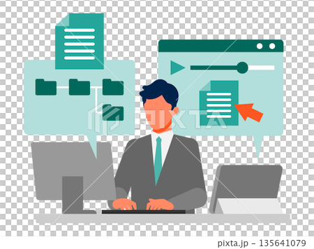 Illustration of a business that promotes human resource development through online training and e-learning. Streamlining qualification acquisition and new employee training. 135641079