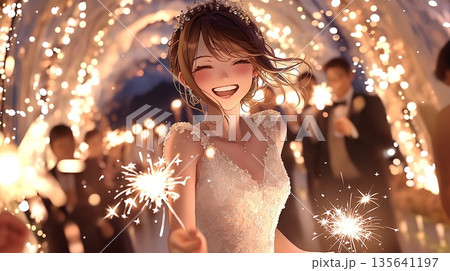 白いドレスの花嫁が花火を持って笑顔のウェディングシーン 白いドレスの花嫁が花火を持って笑顔のウェディングシーン 135641197