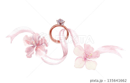 Engagement ring, flowing ribbon, sakura flowers watercolor isolated on white for proposal design, luxury branding, romantic stationery, invitations, jewelry marketing editorial decor. Horizontal blush Engagement ring, flowing ribbon, sakura flowers watercolor isolated on white for proposal design, luxury branding, romantic stationery, invitations, jewelry marketing editorial decor. Horizontal blush 135641662