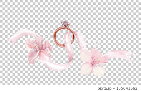Engagement ring, flowing ribbon, sakura flowers watercolor isolated on white for proposal design, luxury branding, romantic stationery, invitations, jewelry marketing editorial decor. Horizontal blush Engagement ring, flowing ribbon, sakura flowers watercolor isolated on white for proposal design, luxury branding, romantic stationery, invitations, jewelry marketing editorial decor. Horizontal blush 135641662