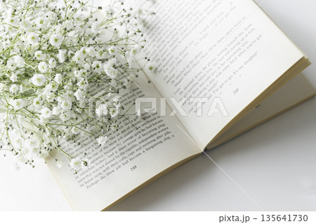 白い小花カスミソウと洋書　余白のある静物 135641730