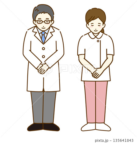 お辞儀をする医者と看護師の全身イラスト お辞儀をする医者と看護師の全身イラスト 135641843