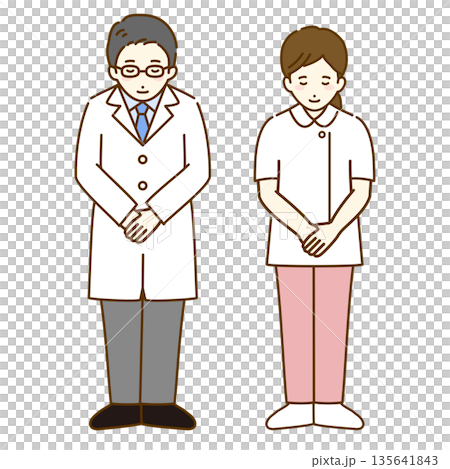 お辞儀をする医者と看護師の全身イラスト お辞儀をする医者と看護師の全身イラスト 135641843