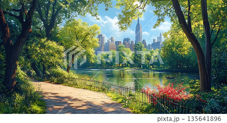 Enchanting Park Vista Serene Lake Lush Greenery Majestic Castle Enchanting Park Vista Serene Lake Lush Greenery Majestic Castle 135641896