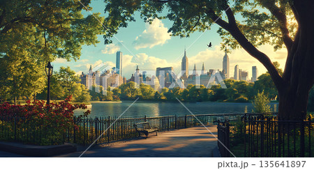 Serene Cityscape Park View and Urban Skyline 135641897