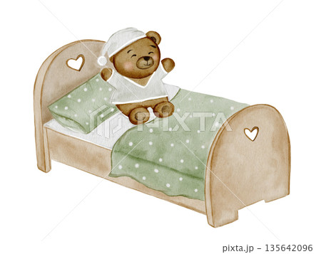 A watercolor hand-drawn daily routine. Clip art of a cute bear waking up in bed. Morning routine for illustrating children's educational cards. 135642096