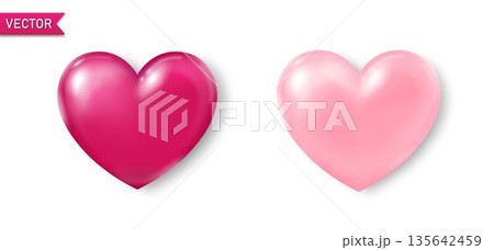 A set of two voluminous pink hearts with highlights and shadows on a white background. Heart icons for your design. 135642459