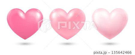 A set of three three-dimensional pink hearts with highlights and shadows on a white background. Heart icons for your design. 135642466