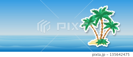A summer banner with an abstract blue sea or ocean and an island with palm trees. Summer background with sea and palm trees for your design. 135642475