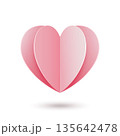 Pink paper heart with a shadow on a white background. 135642478