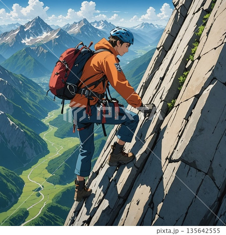 tourist with backpack on top of mountain tourist with backpack on top of mountain 135642555