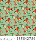 Cute red birds with rowan berry branch and leaves seamless pattern design on pastel green background. Perfect for wallpaper, seasonal decor, textiles. Vector illustration 135642789