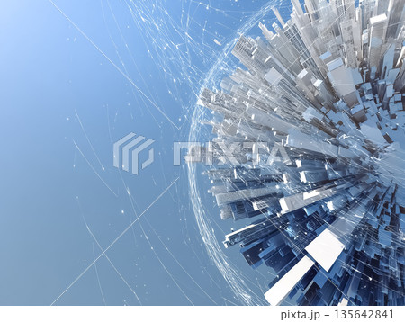 球体状ネットワークに包まれた未来都市｜グローバルテクノロジーCGイメージ 135642841