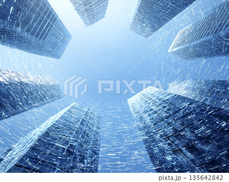 見上げる視点の未来型高層ビル群｜デジタル都市ドームCG背景 135642842