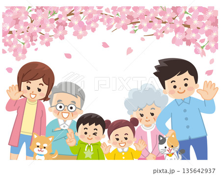 桜と春服を着た家族 135642937