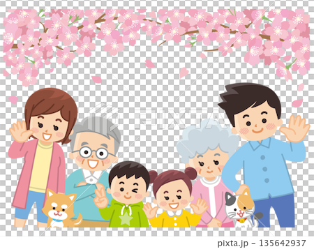 桜と春服を着た家族 135642937