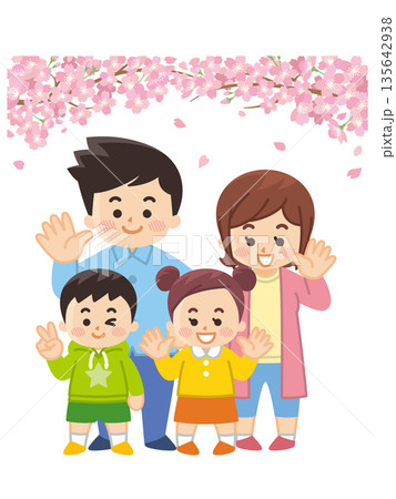 桜と春服を着た親子 135642938