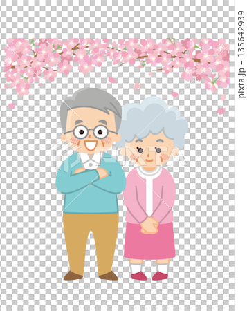 桜と春服を着た老夫婦 135642939