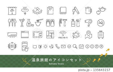 温泉旅館のベクターアイコンセット。アメニティや露天風呂、Wi-Fi設備など (モノクロ･線画) 135643157