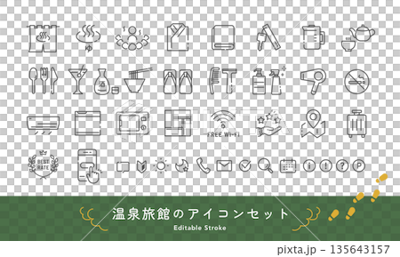 温泉旅館のベクターアイコンセット。アメニティや露天風呂、Wi-Fi設備など (モノクロ･線画) 135643157