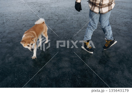 Pet is just having a walk. Man with Akita Inu dog is on the ice with skates in winter Pet is just having a walk. Man with Akita Inu dog is on the ice with skates in winter 135643179