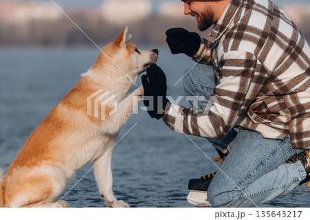 Learning the tricks, giving a paw. Man with Akita Inu dog is on the ice with skates in winter Learning the tricks, giving a paw. Man with Akita Inu dog is on the ice with skates in winter 135643217