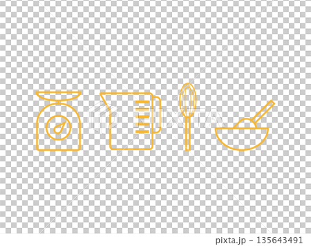 お菓子作りの道具（計量器、計量カップ、泡立て器）のアイコンの線画イラストのセット 135643491