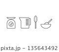 お菓子作りの道具（計量器、計量カップ、泡立て器）のアイコンの線画イラストのセット 135643492