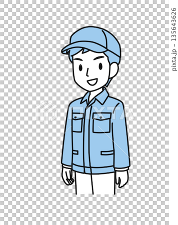 笑顔で微笑む帽子を被った作業服の男性のイラスト素材 135643626