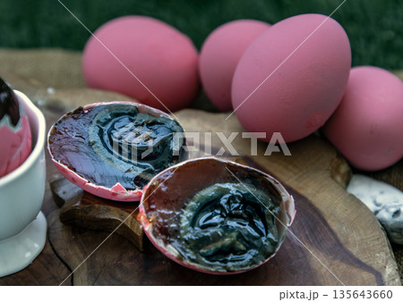 Pink Century eggs (Pidan Eggs) also known as preserved egg, hundred-year egg, thousand-year egg are a Chinese preserved food product and delicacy made by preserving duck, chicken in A Mixture of Ash, 135643660